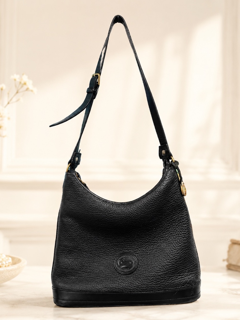 Vintage Dooney & Bourke All Weather Leather Black Hobo Shoulder Bag Duck Charm